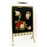 Late Victorian brass framed and mirrored panel fire screen of rectangular shape with scroll work top