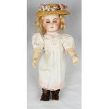 Late 19th Century porcelain headed child doll stamped "DEP", blue lashed sleeping eyes, pierced