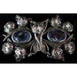 Art Nouveau period Continental silver plated two-part buckle, each panel with central oval blue