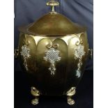 Late 19th Century brass log urn of shaped cylindrical form, supported on four short curved feet,