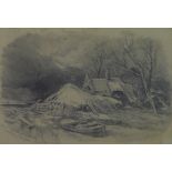 Henry Bright (1810-1873, British), “On Cantley Marsh, Norfolk, Winter”, pencil drawing, signed lower