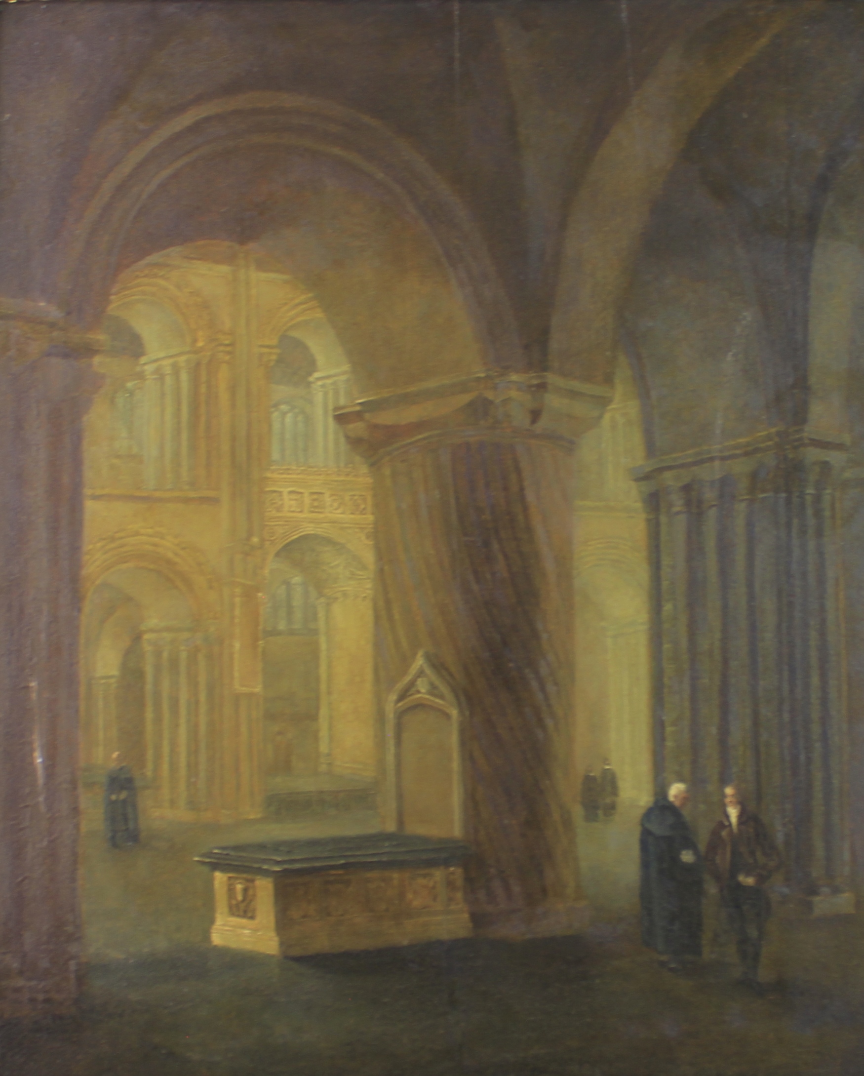 David Hodgson (1798-1864, British), Norwich Cathedral interior with figures, oil on panel, unsigned,