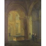 David Hodgson (1798-1864, British), Norwich Cathedral interior with figures, oil on panel, unsigned,