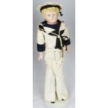 German, probably Kling, bisque shoulder-headed doll with painted features, blonde moulded hair,