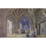 George Cattermole (1800-1868, British), Figures conversing in a cloister, watercolour, signed and