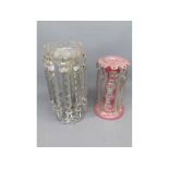 Victorian clear glass lustre and further pink glass lustre, each hung with prismatic drops, 10 and 8