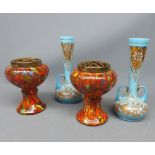 Mixed Lot: pair of swirl glass posy vases and a further pair of blue and gilt overlaid double-