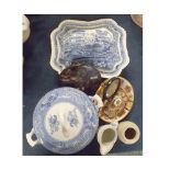 Mixed Lot: two blue and white covered vegetable dishes, mock tortoiseshell perpetual desk