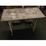 19th century cast iron garden table with rectangular stone top, 39 wide