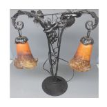 Reproduction French style double table lamp, with marbled glass shade