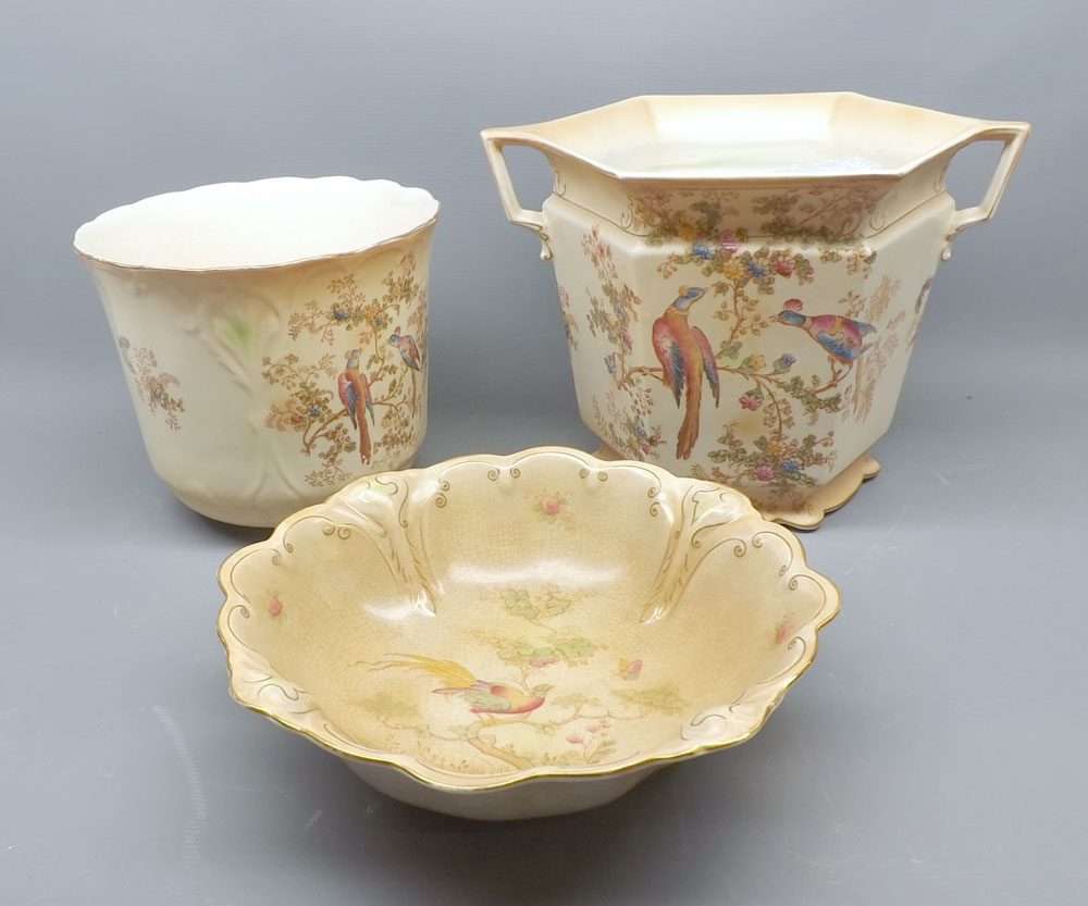 Mixed Lot: three pieces Crown Ducal floral decorated wares, comprising two jardinihres and a frilled