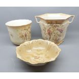 Mixed Lot: three pieces Crown Ducal floral decorated wares, comprising two jardinihres and a frilled