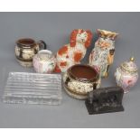 Mixed Lot: 19th century Staffordshire dog, pair of small Dresden vases, other mixed wares (qty)