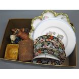 Box: various mixed decorated plates, carved Black Forest type wooden figures etc