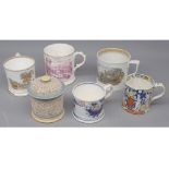 Mixed Lot: 19th century Ironstone mugs, Prattware mug and covered tobacco jar with textured