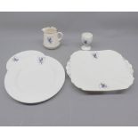 Shelley Emmanuel College pattern, sandwich plate, side plate, saucer, jug and eggcup (5)