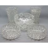 Mixed Lot: 20th century clear glass wares, to include pair of vases and three assorted bowls
