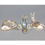Mixed Lot: Royal Crown Derby paperweights dolphin, donkey and crocodile, largest 6 wide (3)