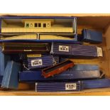 Box containing a quantity of Hornby Dublo to include level crossing, various wagons and coaches,