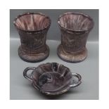 Mixed lot: 20th century slag glass wares comprising pair of vases and a double handled dish, largest