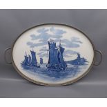 Modern oval pewter galleried tea tray with ceramic centre decorated with a shipping scene