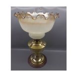 20th century brass based oil lamp with opaque frilled glass shade