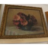 E S LEIGH, signed, oil on canvas, Still life study of flowers in a bowl on a table ledge, 14" x 16"