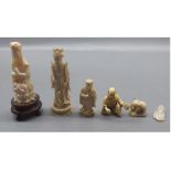 Mixed Lot: small bone or ivory wares comprising netsukes, small Deity figures, elephant and