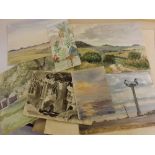 FOLDER assorted unframed watercolours, drawings etc, various subjects