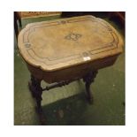 Victorian burr walnut and inlaid work table raised on turned columns and swept legs, 25" wide