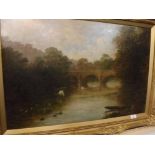 E M EDWARDS, signed, oil on canvas, River landscape with bridge, 20" x 30"