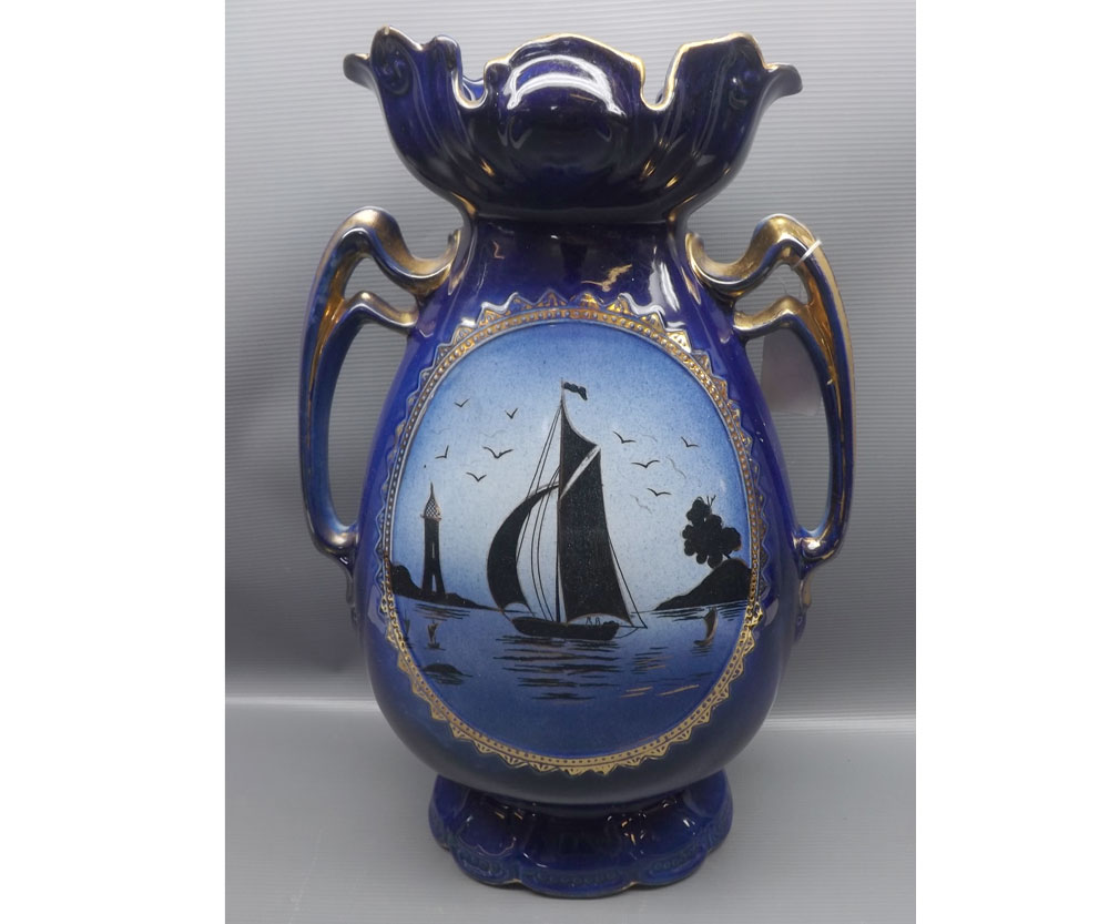 Mixed lot: large blue double handled vase decorated with riverside scene, together with a further