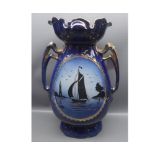 Mixed lot: large blue double handled vase decorated with riverside scene, together with a further