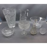 Mixed lot: various cut glass wares to include large cut glass flower vase, various bowls, jugs,