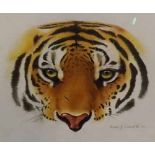 DAVID J PERKINS, signed, mixed media, tiger's head, 8" x 9"