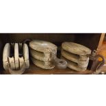 Three vintage wooden and iron mounted boat pulleys