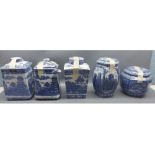 Rington's Ltd Tea Merchants, Newcastle upon Tyne, group of four various blue and white tea canisters