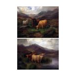 JOHN MORRIS (19TH/20TH CENTURY, BRITISH) Highland Cattle in a landscape, pair of oils on canvas,