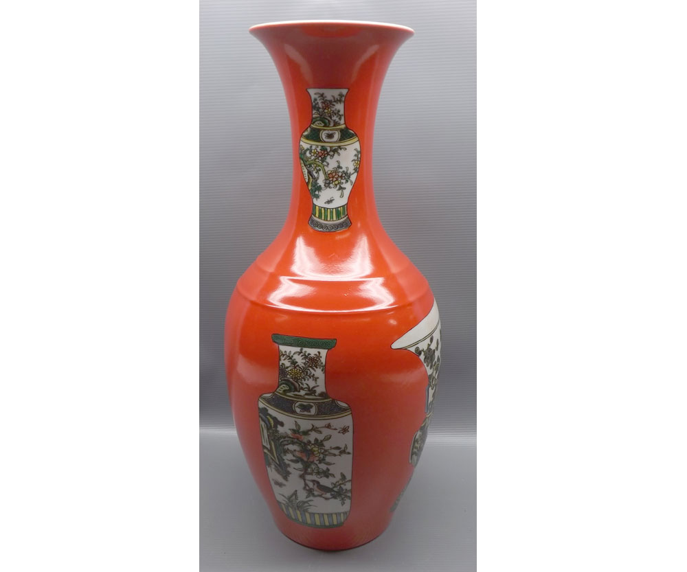 Large 20th century Oriental baluster vase decorated with various vases and jars on a red background,