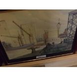 WALTER BRETTINGHAM, watercolour, "London Docks 1949", 10" x 12"