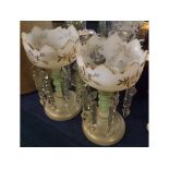 Pair of Victorian opaque glass lustres, hung below with clear drops and with snake moulded supports,