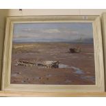 MADGE WOODMAN, signed, oil on canvas, Bay scene with beached fishing boat, 18" x 24"