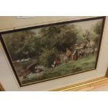 Framed 19th century coloured engraving, Washing the sheep, 10" x 6"