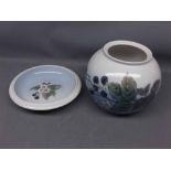 Royal Copenhagen Blackberry pattern circular squat vase, and circular dish, largest piece 6" high (