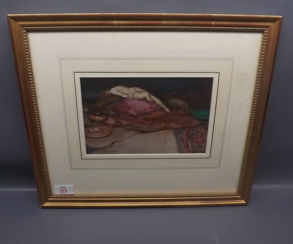 ALEX BRANTINGHAM SIMPSON, signed, watercolour, Study of a reclining nude on pillows, 5 1/2" x 9"