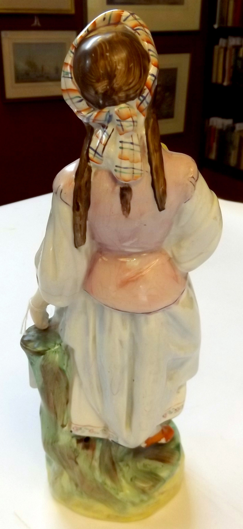 19th century Staffordshire figure, of a girl with dove perched on her right hand, wearing a puce - Image 3 of 7