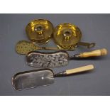 Mixed Lot: pair of brass chamber sticks, small brass cream skimmer and two silver plated table crumb