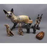 Mixed Lot: Studio pottery model cat, further model mice, contemporary Chinese figures etc (6)