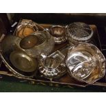 Box of mixed plated metal wares, to include serving dishes, bottle stands, cruet items, hors d'