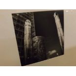 Framed modern black and white photograph, Cityscape with glass fronted office building, 24" high